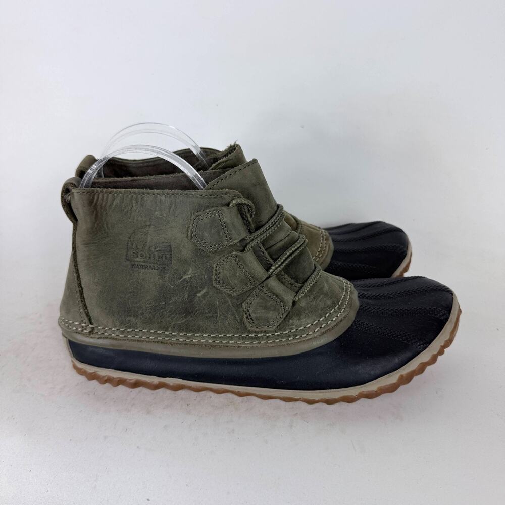 Sorel Out 'N About Duck Boots Women's 7.5 Green Black Leather Waterproof Lace-Up - Picture 2 of 9